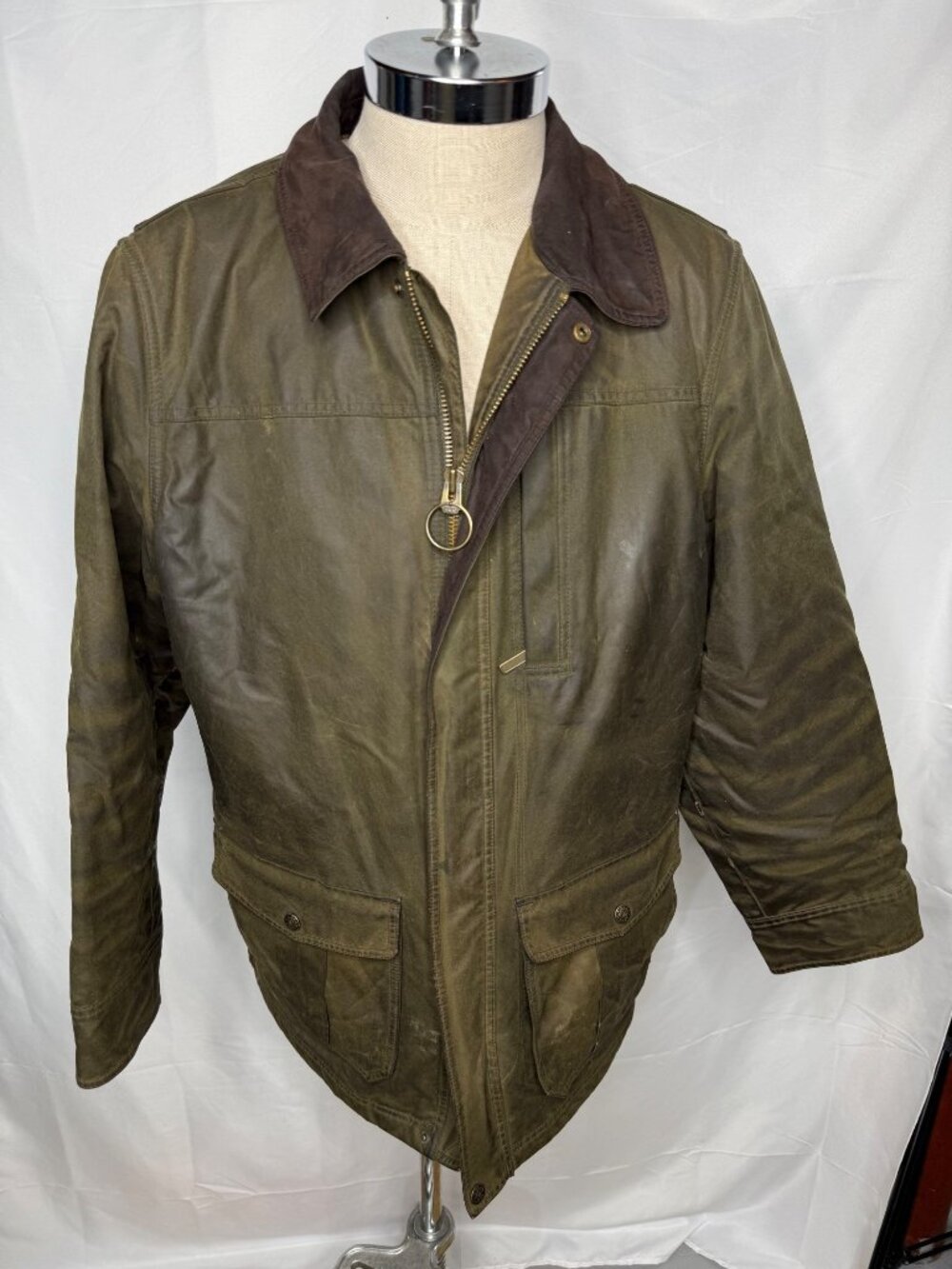 LL Bean Olive Green Waxed Jacket Mens L Coat Suede Collar Wool Lining Pockets